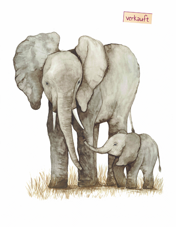 Elefanten Mama und Baby Aquarelle in Grau- und Brauntönen